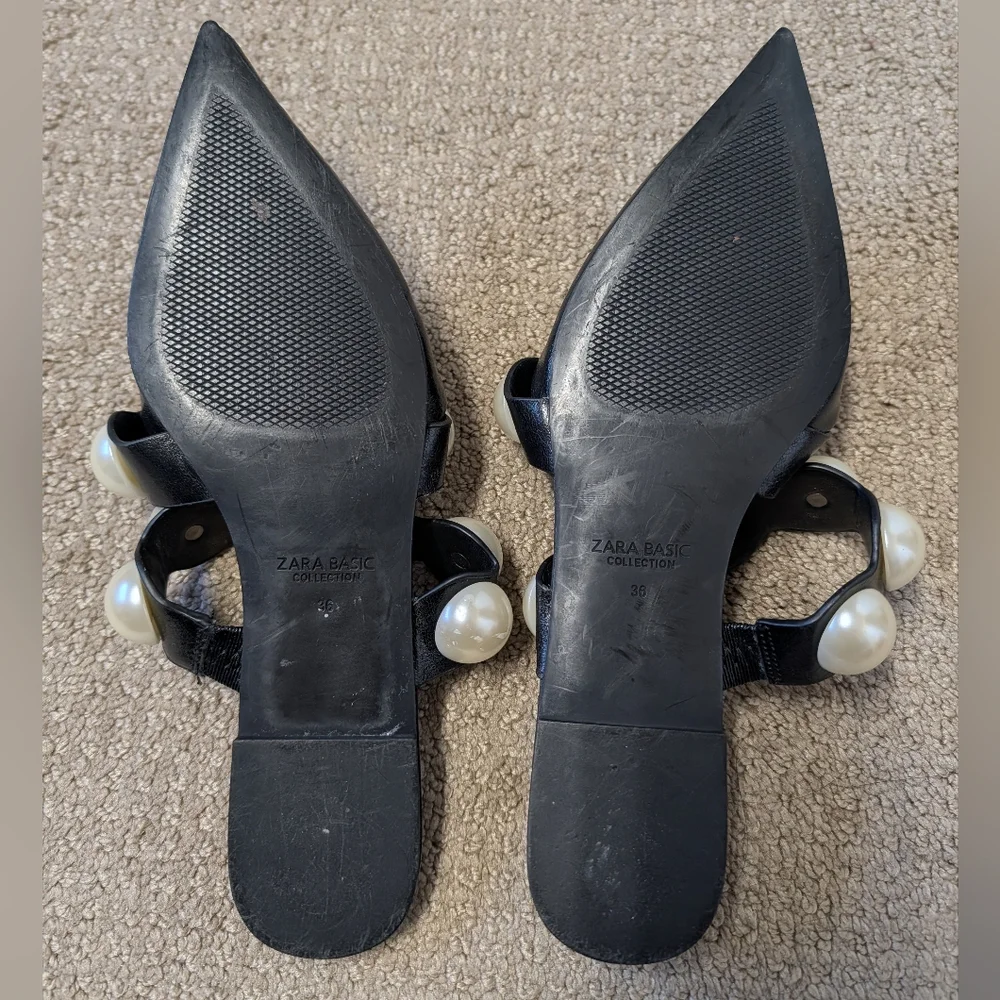 Zara Womens Pearl Strap Mules Pointed Flats Black 36 Blogger Favorite Influencer - Picture 8 of 9